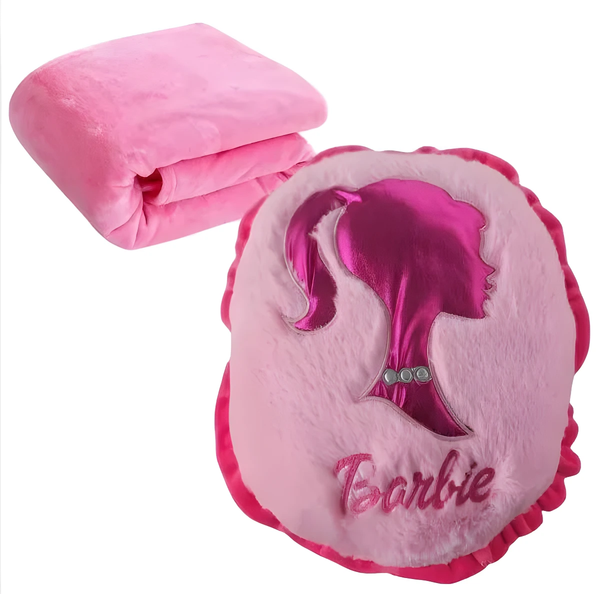 Cobija rosa Barbie, se pliega en almohada decorativa con silueta y nombre de Barbie.