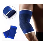 Set x2 coderas elásticas azules con borde blanco, una usada en el brazo y detalle de textura y par doblado.