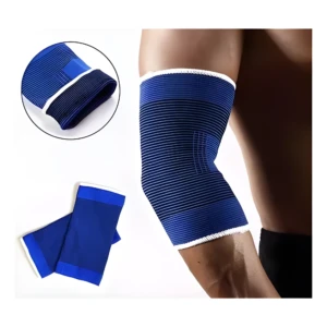 Set x2 coderas elásticas azules con borde blanco, una usada en el brazo y detalle de textura y par doblado.