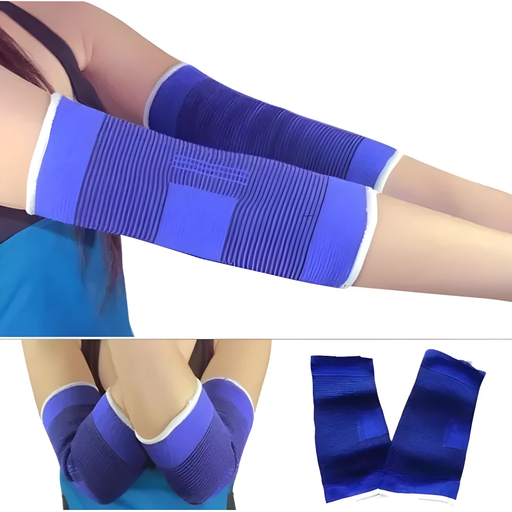 Set x2 coderas tubulares azules, compresión elástica texturizada, usadas en antebrazos y codos.