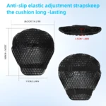 Cojín de gel para moto con estructura de panal 3D negro. Muestra dimensiones y correas ajustables.