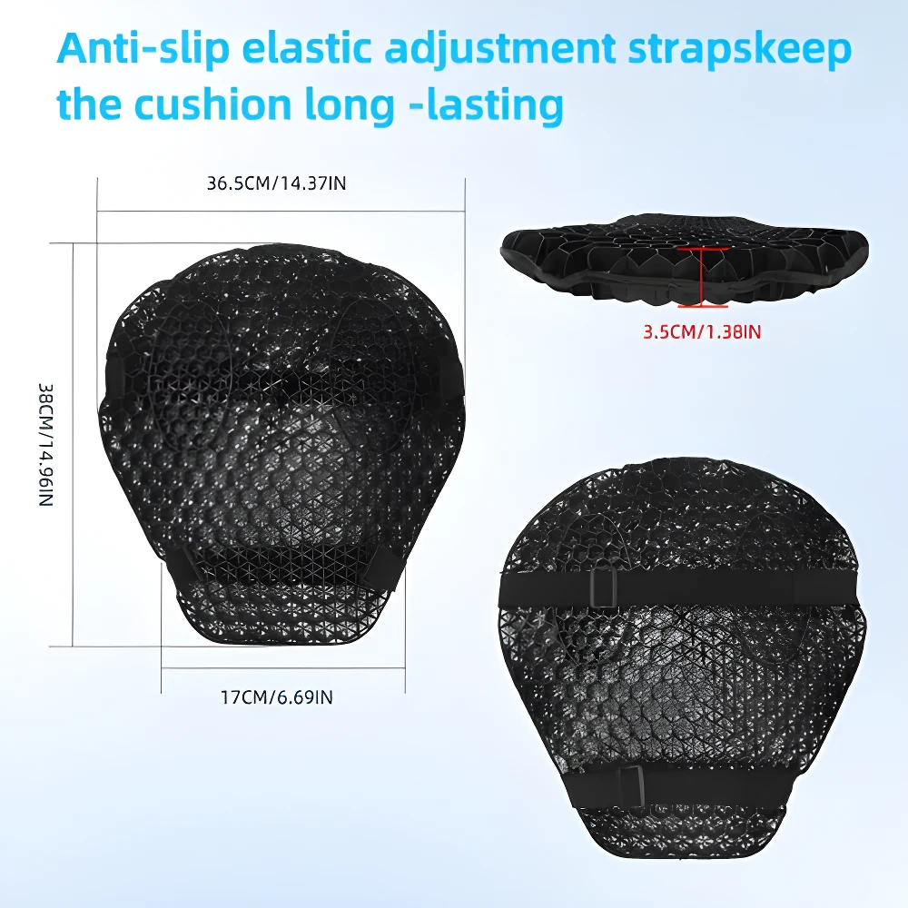 Cojín de gel para moto con estructura de panal 3D negro. Muestra dimensiones y correas ajustables.