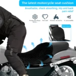 Cojín gel para asiento de motocicleta con estructura panal 3D negro, ideal para aliviar dolor y mejorar ventilación.