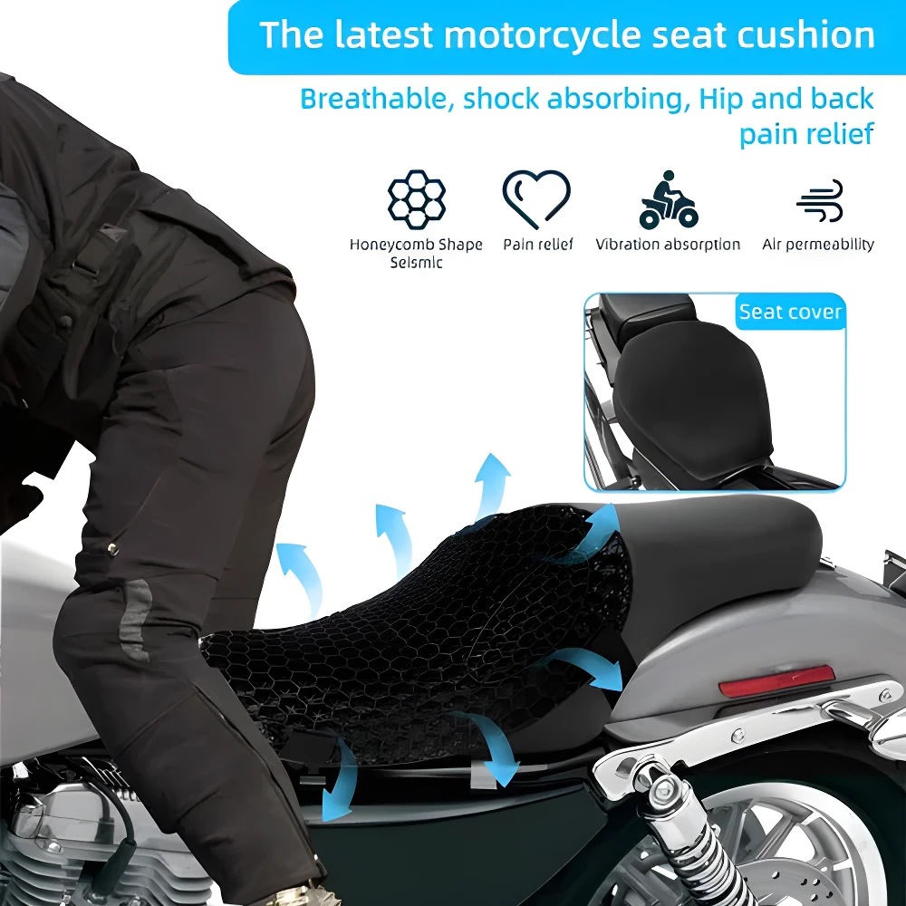 Cojín gel para asiento de motocicleta con estructura panal 3D negro, ideal para aliviar dolor y mejorar ventilación.