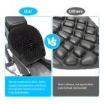 Cojín de gel para motocicleta con estructura de panal 3D, comparativa de suavidad y transpirabilidad.