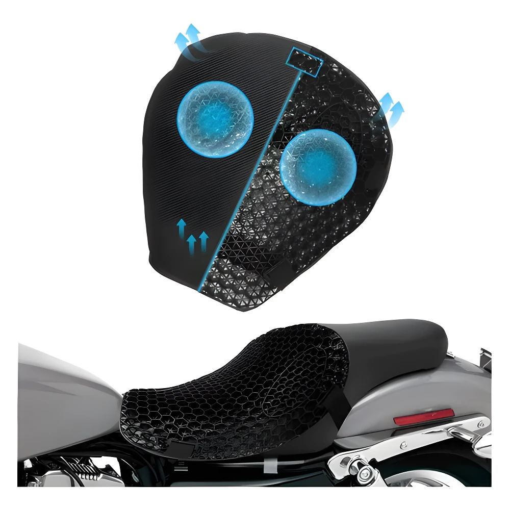 Cojín gel para asiento de motocicleta, estructura panal 3D negro con ventilación, para confort en rutas largas.