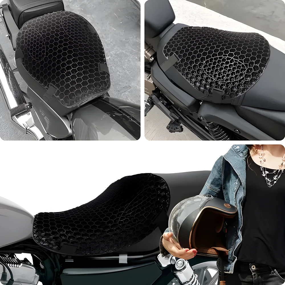 Cojín gel asiento motocicleta panal 3D negro, para confort y absorción de impactos.