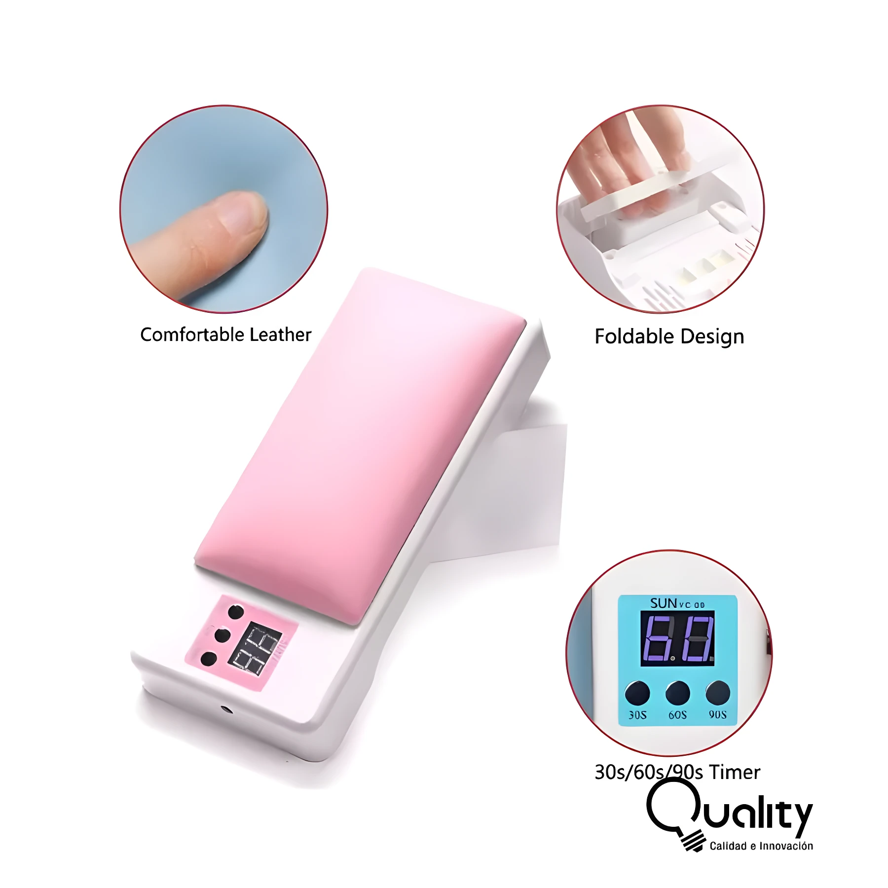 Cojín reposamanos rosa para secado de uñas con lámpara LED y temporizador 30/60/90s. Diseño plegable.