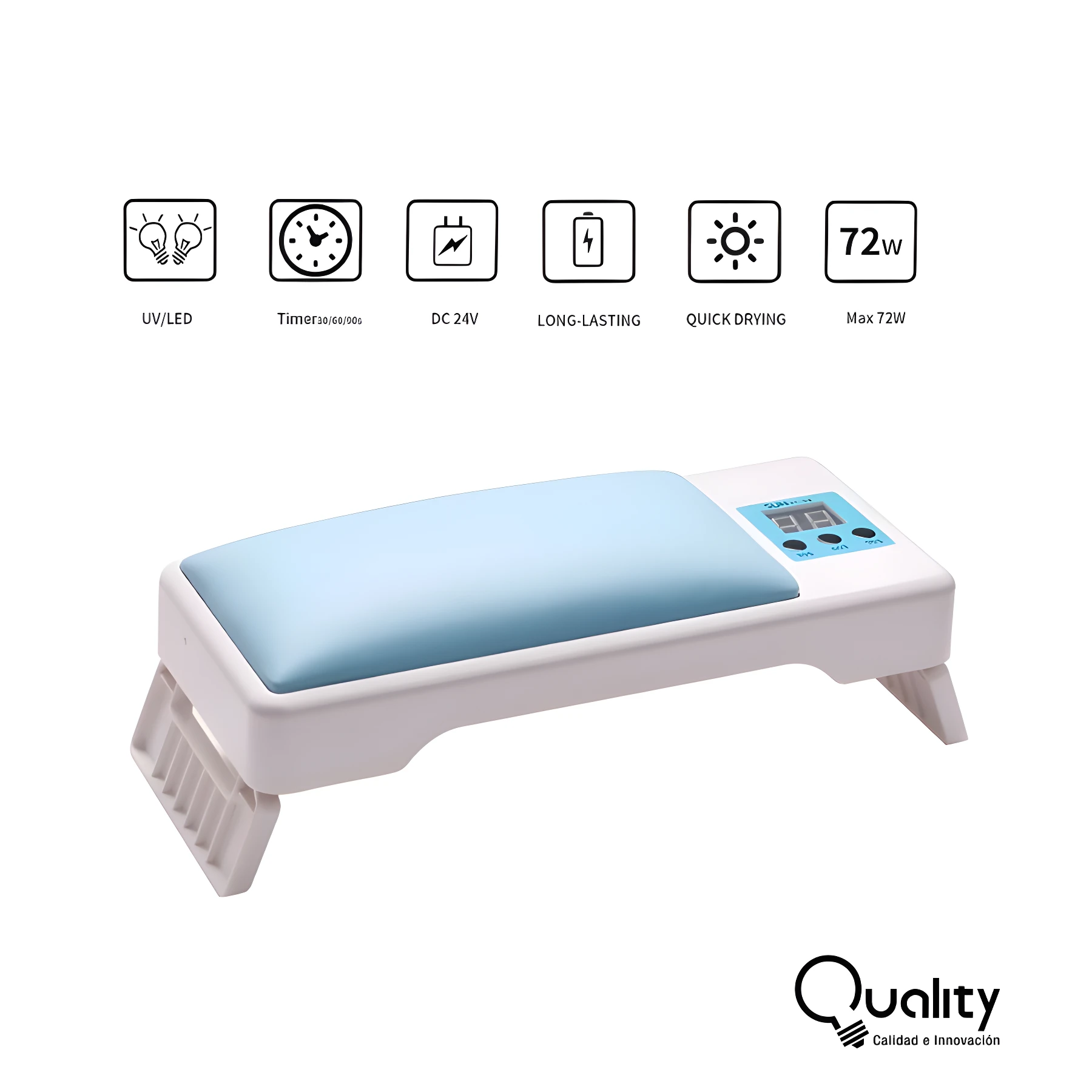 Cojín reposamanos para uñas con lámpara UV/LED 72W, temporizador 30/60/90s, carga DC 24V, secado rápido.