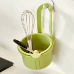Contenedor organizador de cocina verde claro, colgante, con batidor de metal y cuchara medidora de 30ml.