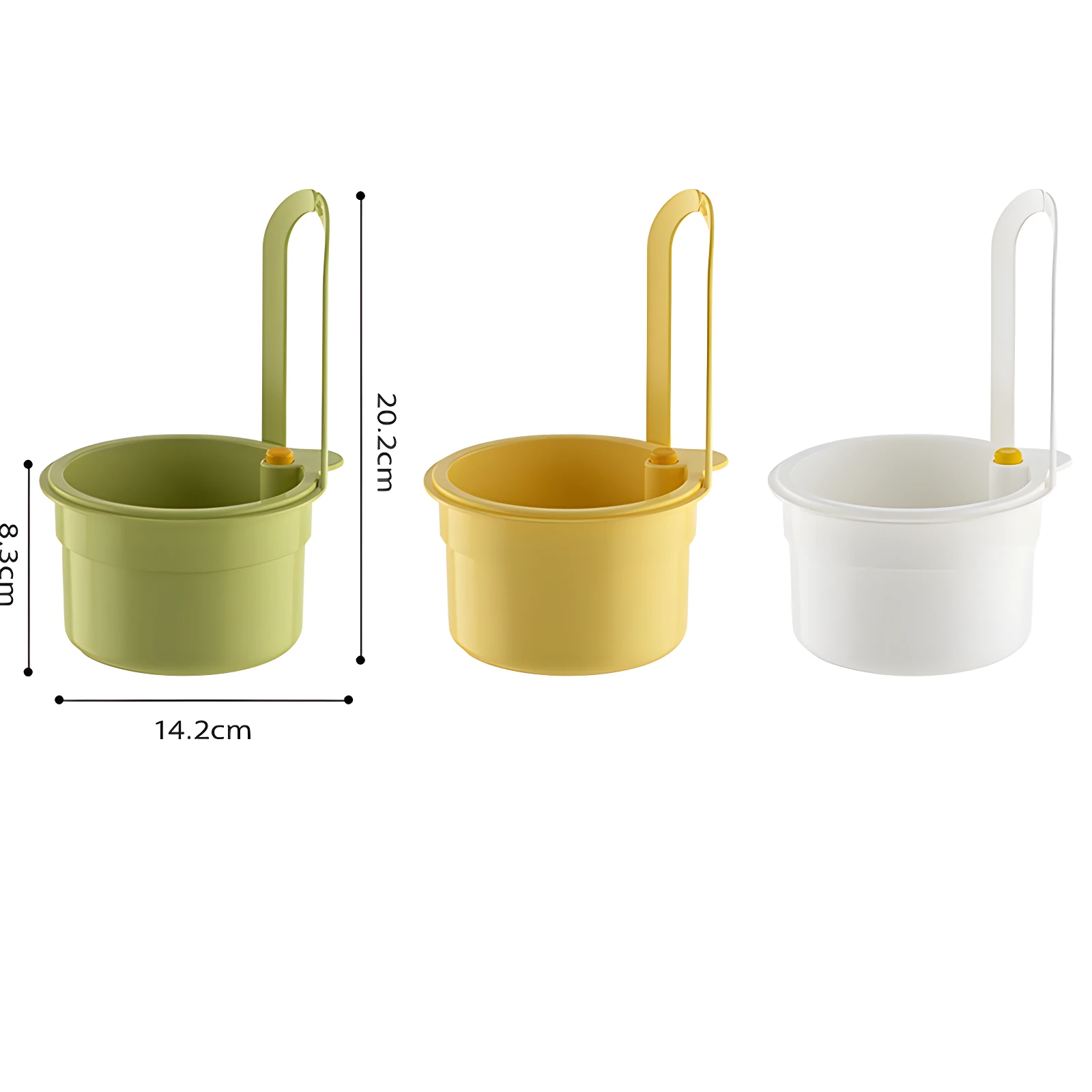 Coladores organizadores para fregadero con gancho, en verde lima, amarillo y blanco. Miden 14.2cm de ancho por 8.3cm de alto (recipiente) y 20.2cm de alto total.