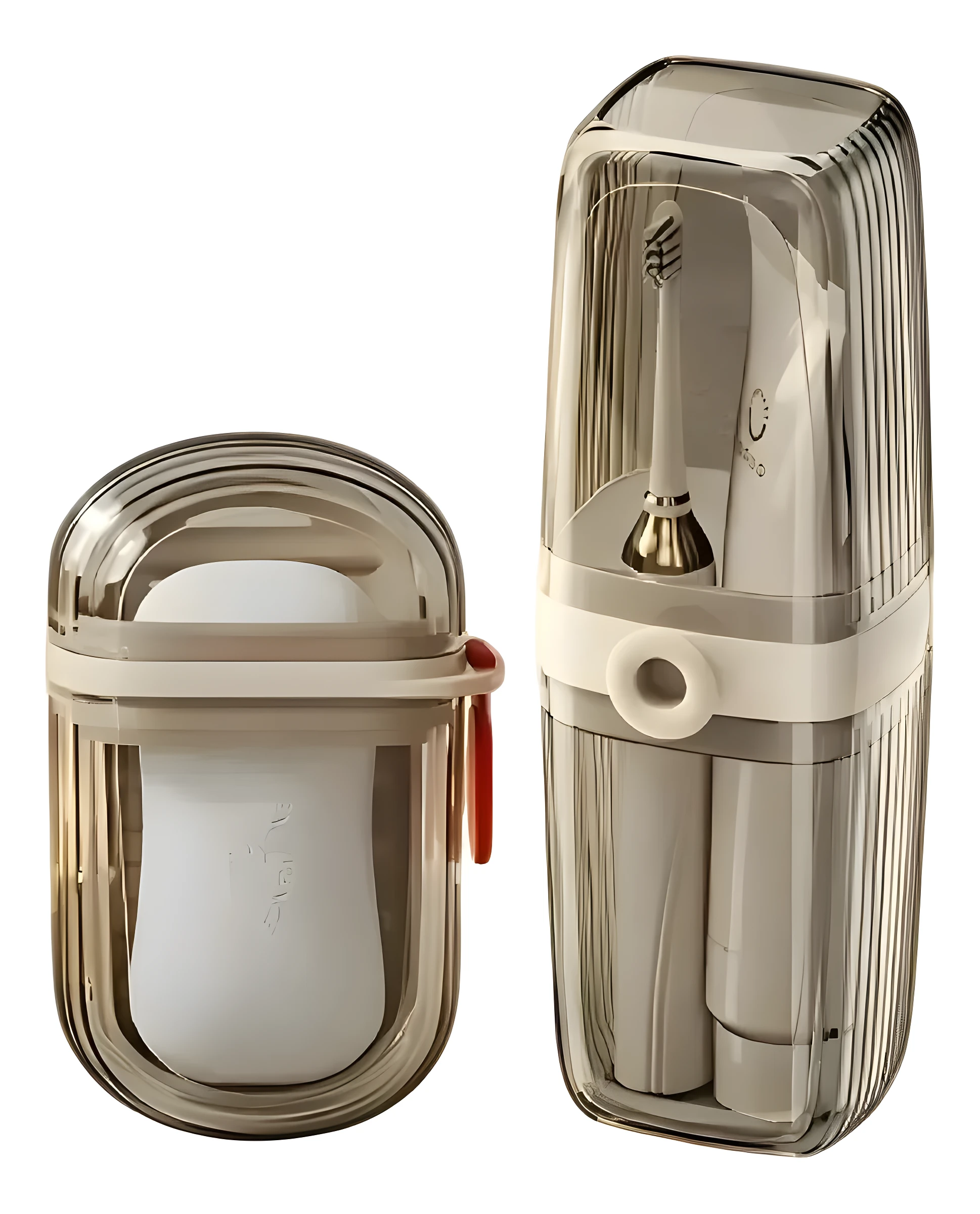 Dos estuches de viaje transparentes ahumados para higiene: uno pequeño para jabón y otro alto para cepillo eléctrico y pasta dental.