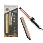 Combo plancha y pinza Remington Shine Therapy oro rosa y beige, con keratina, cerámica y argán.