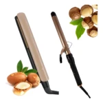 Plancha y pinza para cabello color beige y dorado, con detalles de argán y macadamia, para alisar y rizar.