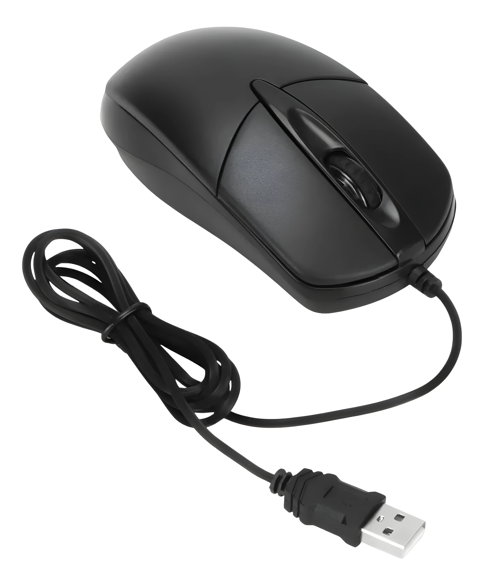 Mouse USB negro con scroll y cable, parte de un combo de teclado y mouse.