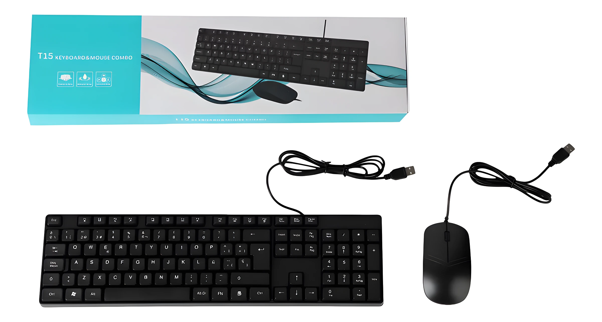 Teclado y mouse negros con cable, combo T15 económico para computadora.