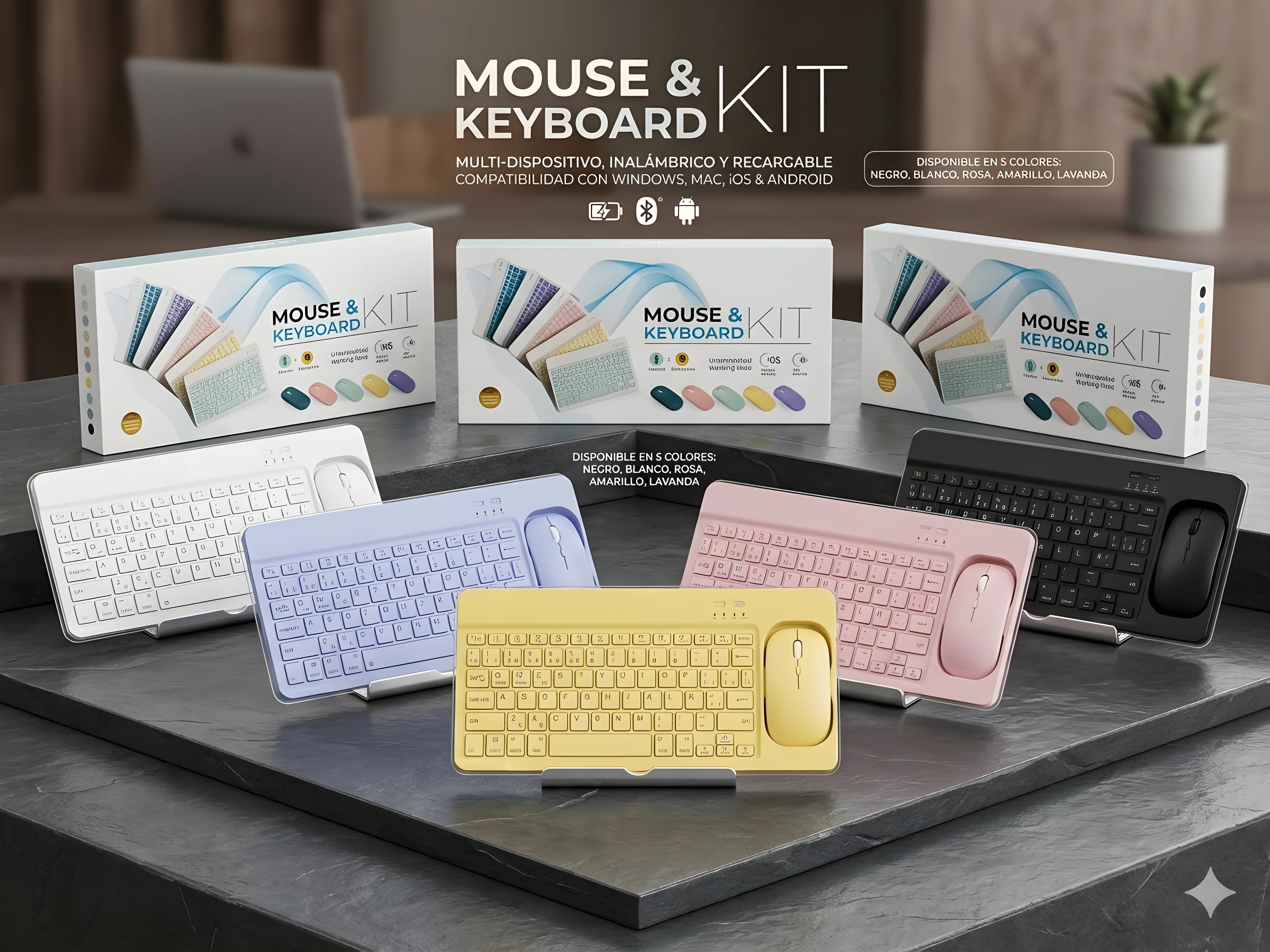 Kits de teclado y mouse inalámbricos recargables en colores blanco, lavanda, amarillo, rosa y negro sobre superficie gris oscura.