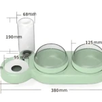 Comedero y bebedero para mascotas 3 en 1 color verde menta con botella de 190mm y dos platos. Dimensiones totales 380mm.