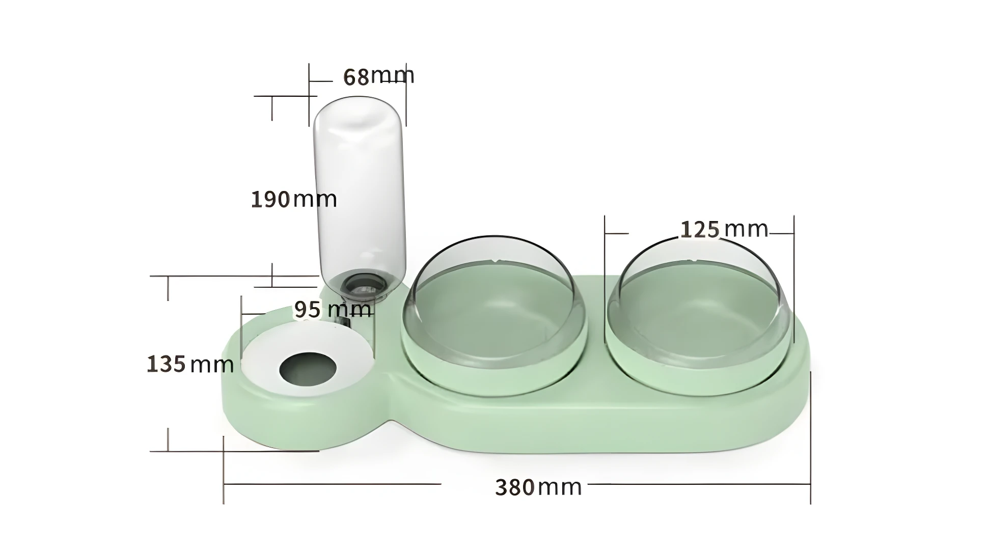 Comedero y bebedero para mascotas 3 en 1 color verde menta con botella de 190mm y dos platos. Dimensiones totales 380mm.