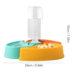 Comedero automático triple para mascotas con dispensador de agua, base plástica bicolor azul aguamarina y amarillo, 25x18cm.