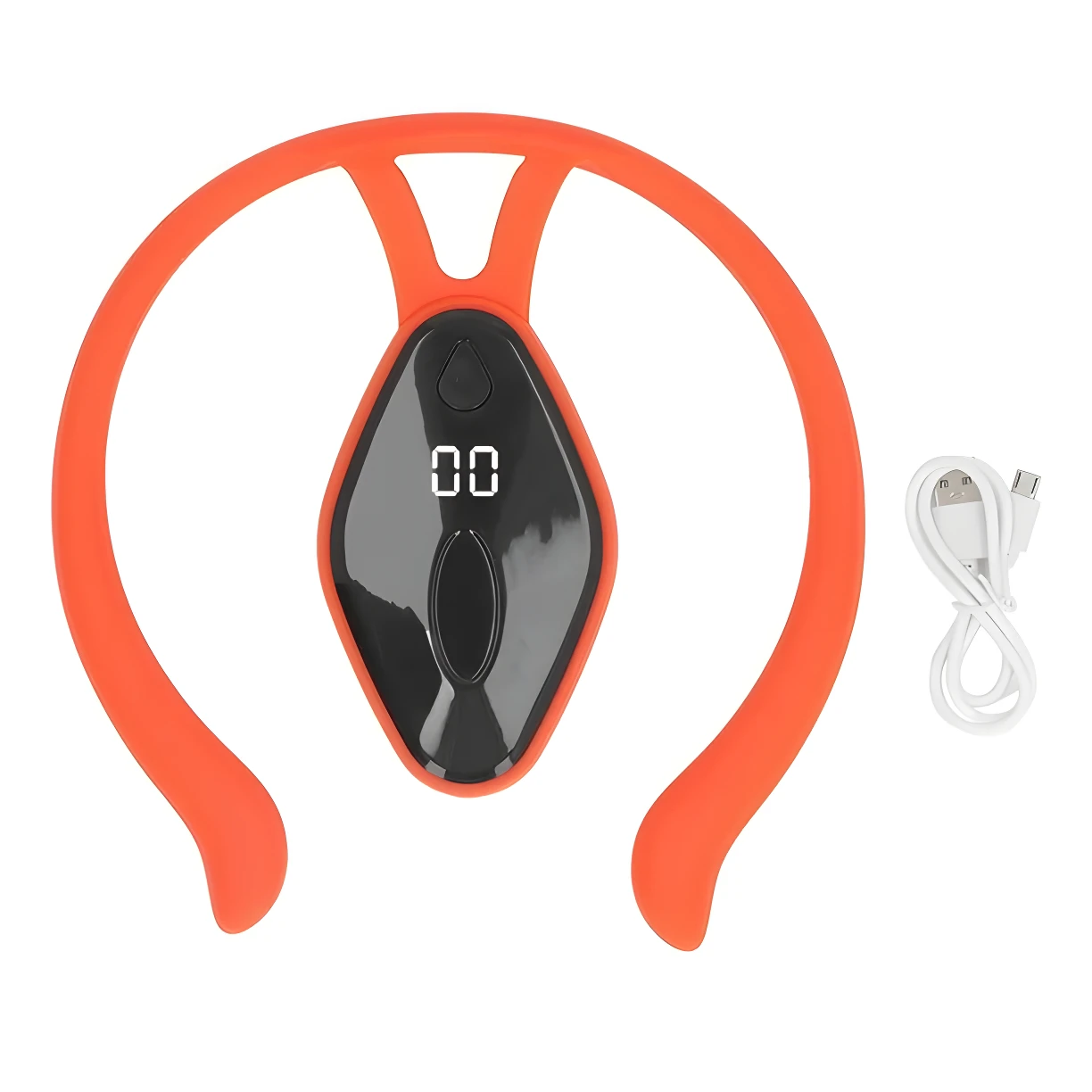 Corrector de postura inteligente naranja con pantalla digital y cable USB.