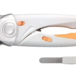 Cortaúñas blanco y naranja para mascotas con luz LED frontal y una lima de metal incluida.