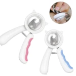 Dos cortaúñas ergonómicos para mascotas blancos con mangos de agarre rosa y azul. Incluye ampliación uso para corte de uñas de gato.