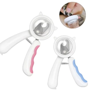Dos cortaúñas ergonómicos para mascotas blancos con mangos de agarre rosa y azul. Incluye ampliación uso para corte de uñas de gato.