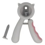 Cortaúñas ergonómico blanco y rosa para mascotas con resorte visible y una lima gris separada.