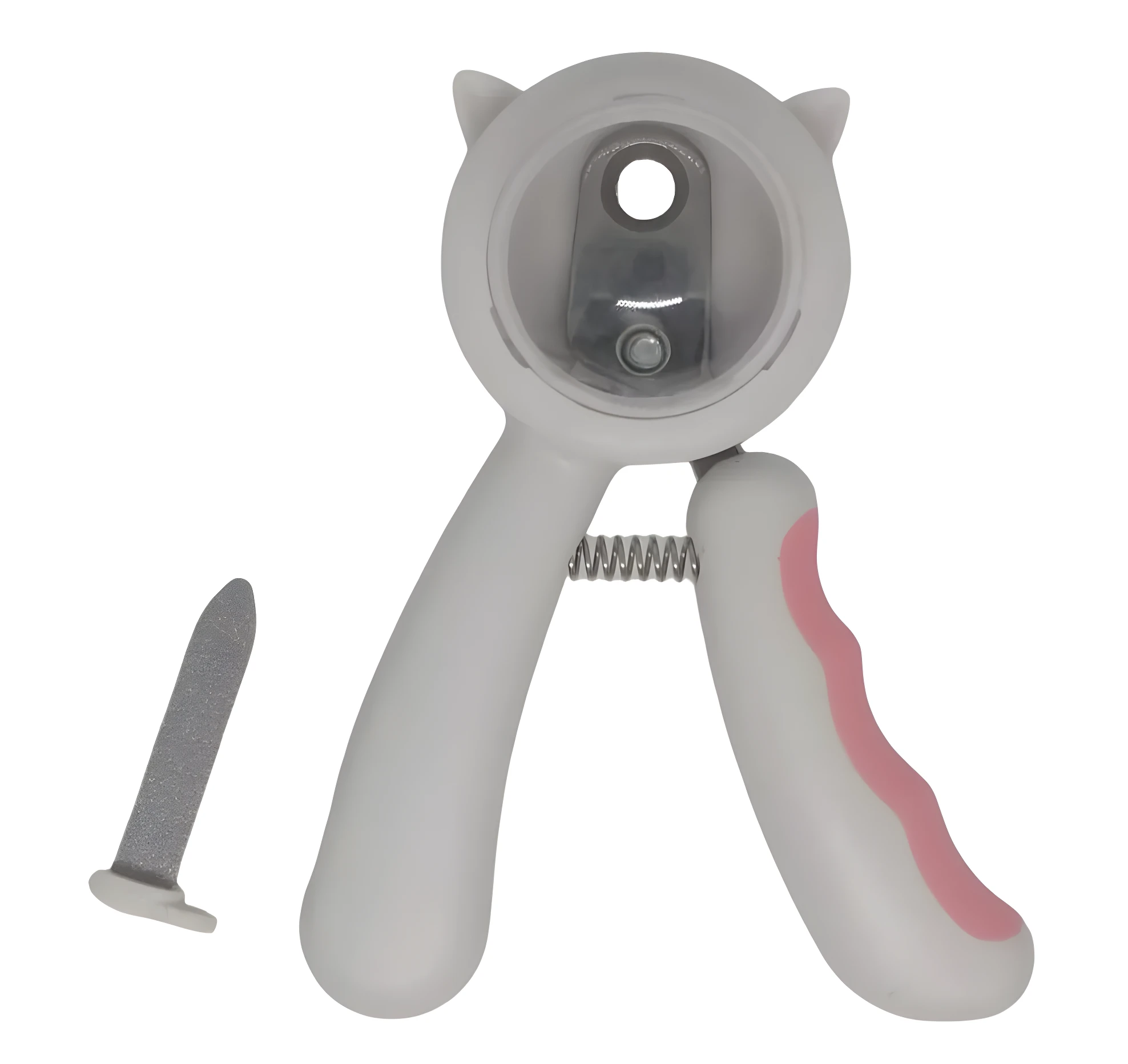 Cortaúñas ergonómico blanco y rosa para mascotas con resorte visible y una lima gris separada.