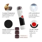 Lima eléctrica para uñas de mascota, blanca y negra, con luz LED, botón 3 velocidades y 3 rodillos de sustitución.