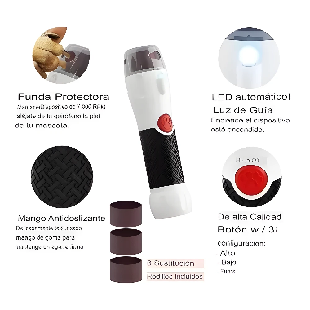 Lima eléctrica para uñas de mascota, blanca y negra, con luz LED, botón 3 velocidades y 3 rodillos de sustitución.