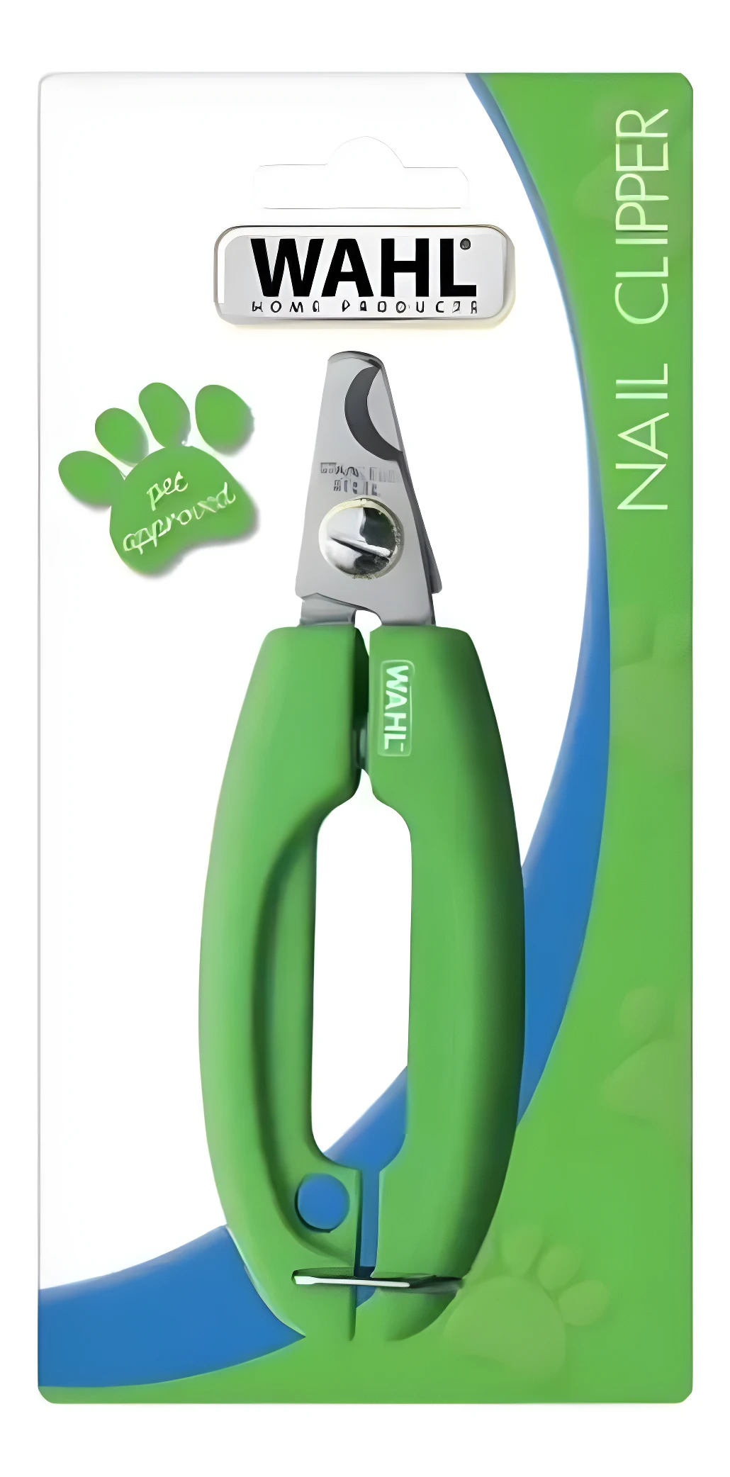 Cortaúñas verde para mascotas Wahl, estilo tijera, con hoja de acero inoxidable y sello "Pet Approved".