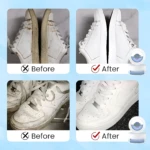 Zapatos blancos deportivos antes y después de usar crema limpiadora blanqueadora.