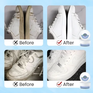 Zapatos blancos deportivos antes y después de usar crema limpiadora blanqueadora.