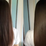 Cabello oscuro antes y después con crema reparadora, sin frizz, brillante.
