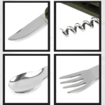 Cuchillo, sacacorchos, cuchara y tenedor de acero inoxidable para camping.