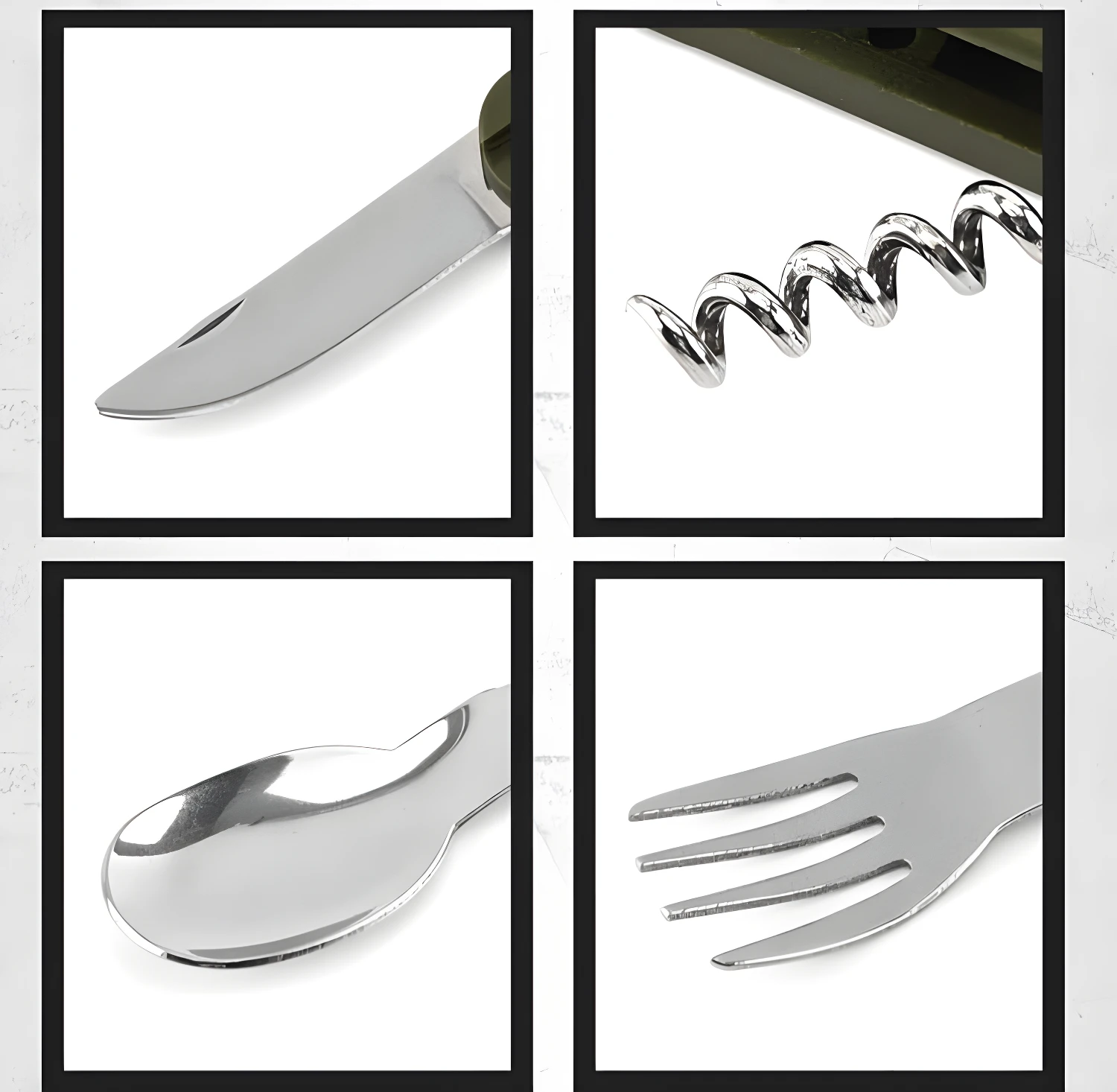 Cuchillo, sacacorchos, cuchara y tenedor de acero inoxidable para camping.