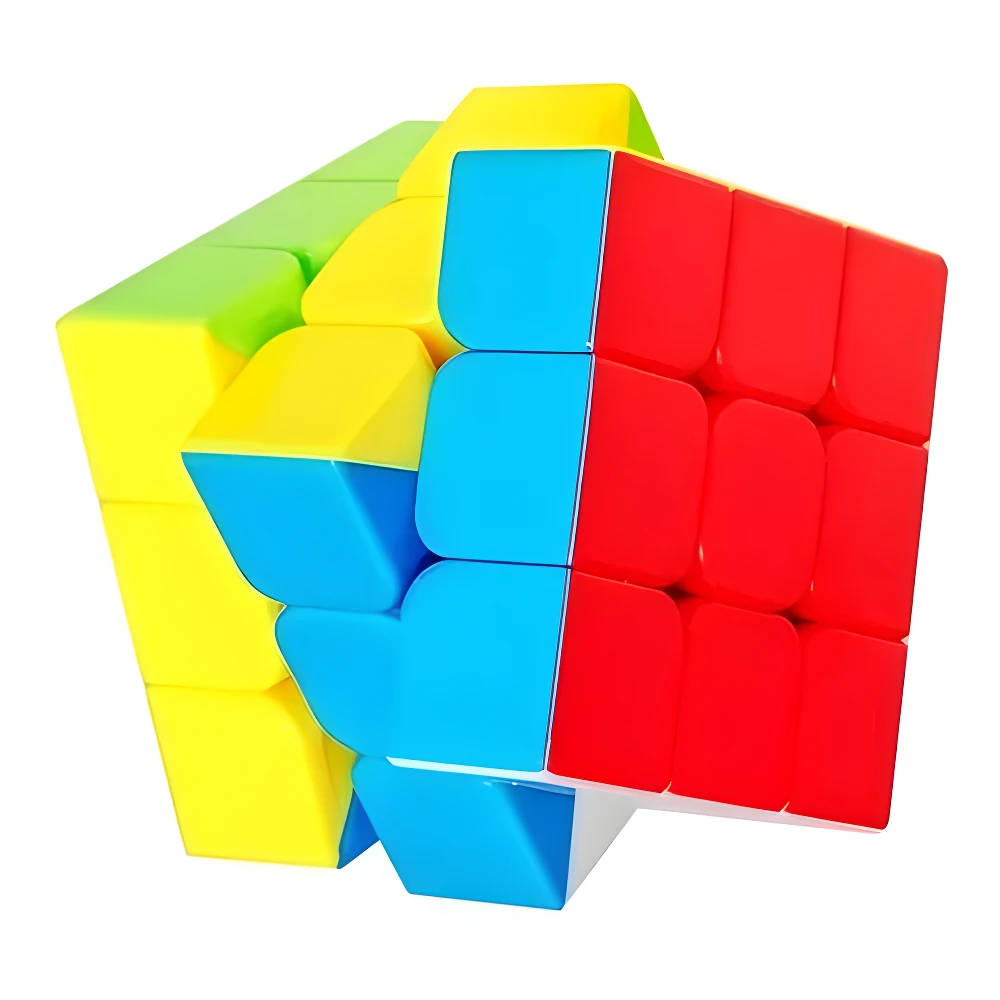 Cubo de Rubik 3x3 curvado y ligeramente desordenado, con caras visibles en amarillo, verde lima, azul brillante y rojo intenso.