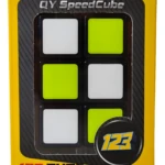 Caja amarilla QY SpeedCube 123 con vista frontal de un cuboide 1x2x3 de colores blanco y verde neón.