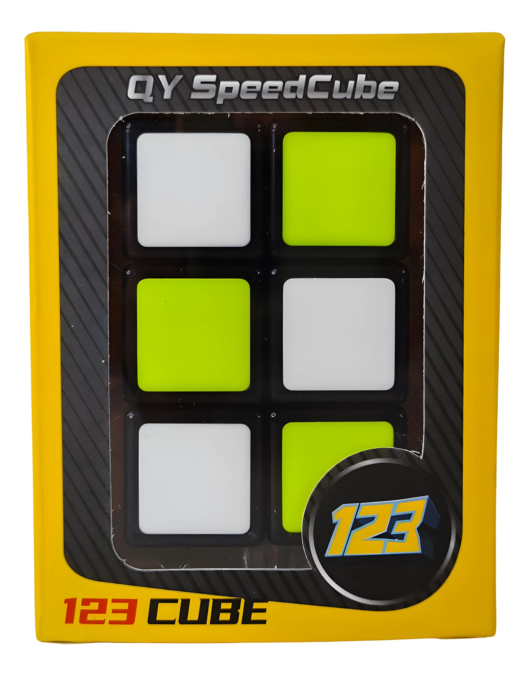 Caja amarilla QY SpeedCube 123 con vista frontal de un cuboide 1x2x3 de colores blanco y verde neón.