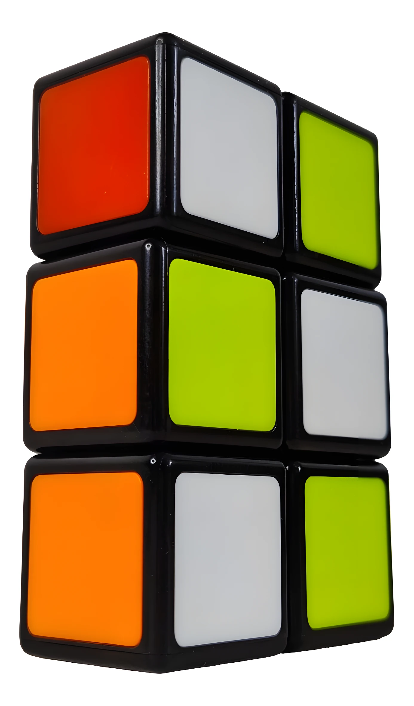 Cuboide 1x2x3 stickerless negro con caras naranja, blanco y verde lima, visto en ángulo picado.