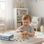 Niño sonriente juega con rompecabezas cilíndrico de madera con bolas de colores sobre mesa clara.