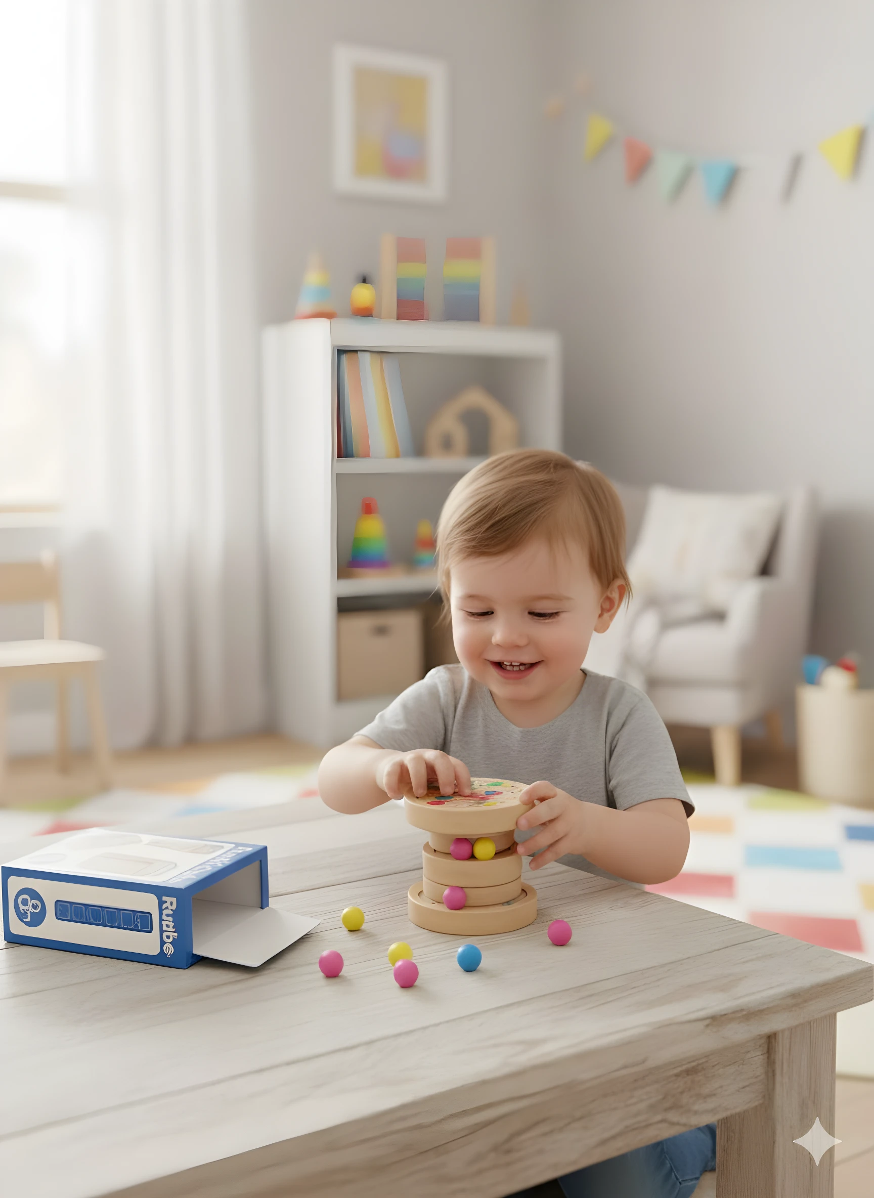 Niño sonriente juega con rompecabezas cilíndrico de madera con bolas de colores sobre mesa clara.