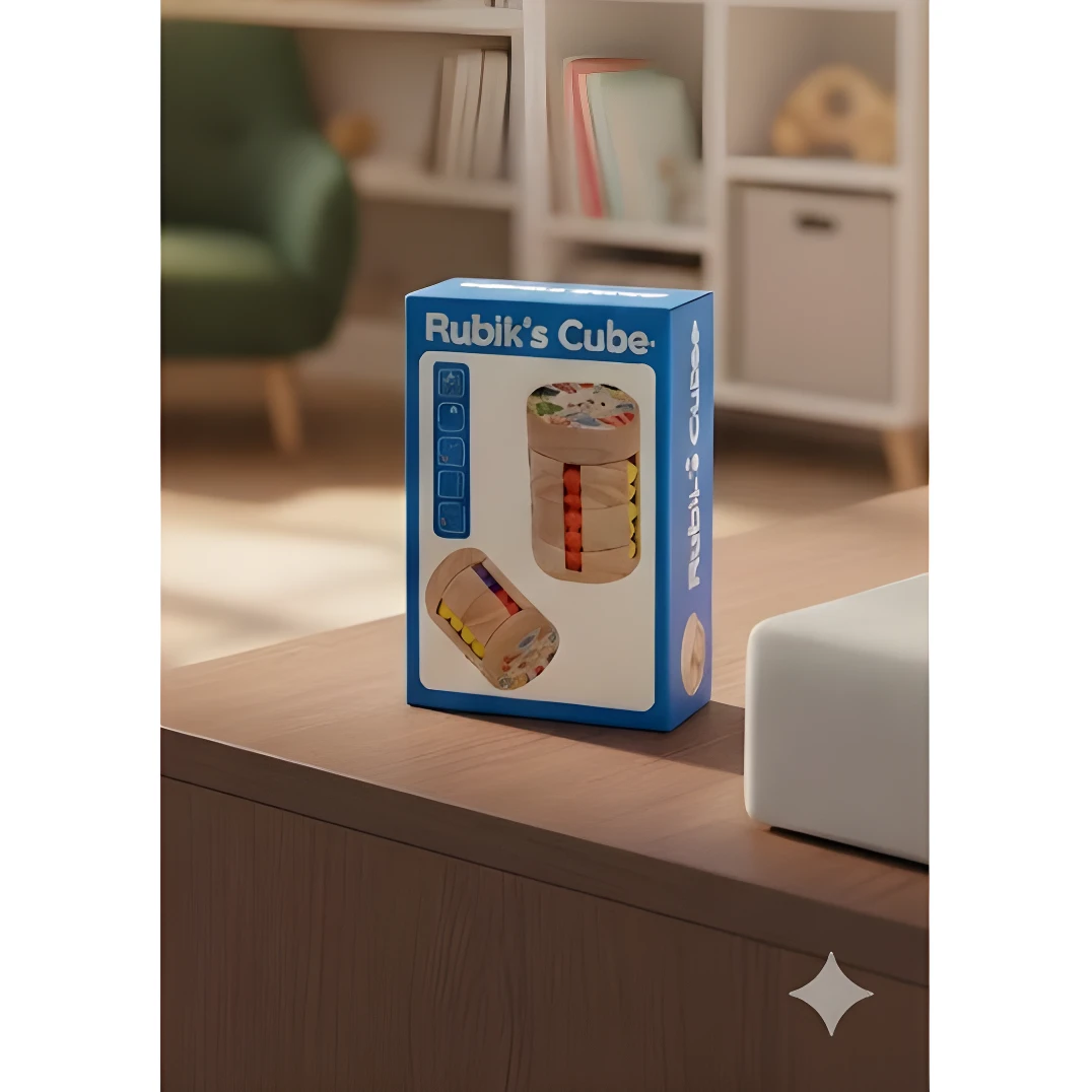 Caja azul con dos cubos Rubik cilíndricos de madera, uno apilado y otro inclinado, sobre mesa de madera clara.