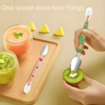 Cuchara doble para bebé, un extremo para raspar kiwi y otro para servir puré, mango verde y rosa.