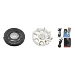 Repuestos de cuchillas rotativas negras y base cortadora blanca para afeitadora, junto a modelos de afeitadoras eléctricas recargables.