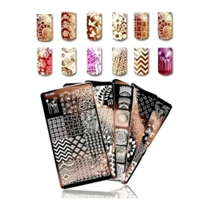 Juego de 6 placas de estampado para uñas metálicas (XY-Z08) con diseños florales, geométricos y patrones variados.