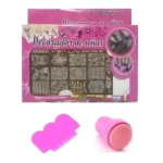 Kit estampador de uñas rosa con placa metálica 12 diseños y espátula de silicona.