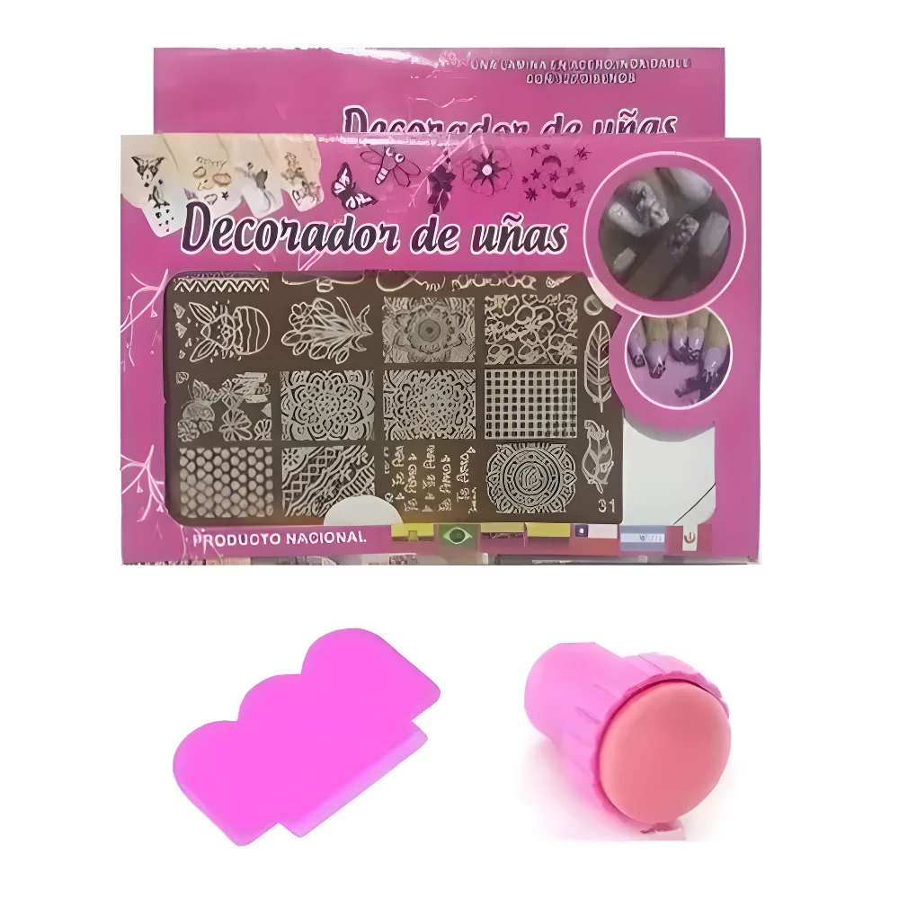 Kit estampador de uñas rosa con placa metálica 12 diseños y espátula de silicona.
